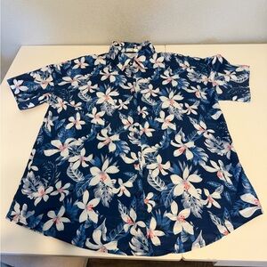 Men's Navy Blue Hawaiian Floral Short-Sleeve Button-Down Shirt